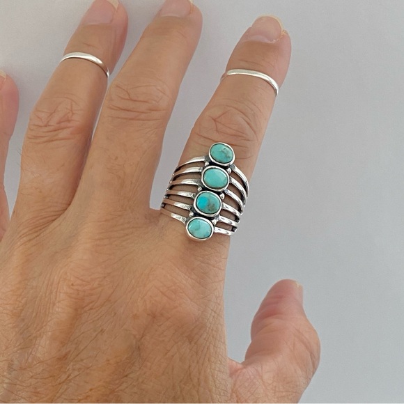 Sterling Silver 4 Round Genuine Turquoise Ring, Statement Rings, Stone Ring - Picture 8 of 13